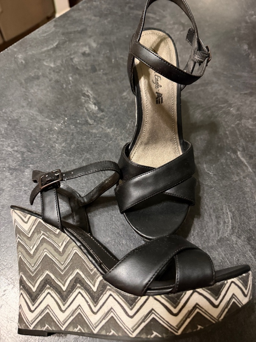 American Eagle Outfitters Black Strappy Chevron Wedge Sandals
